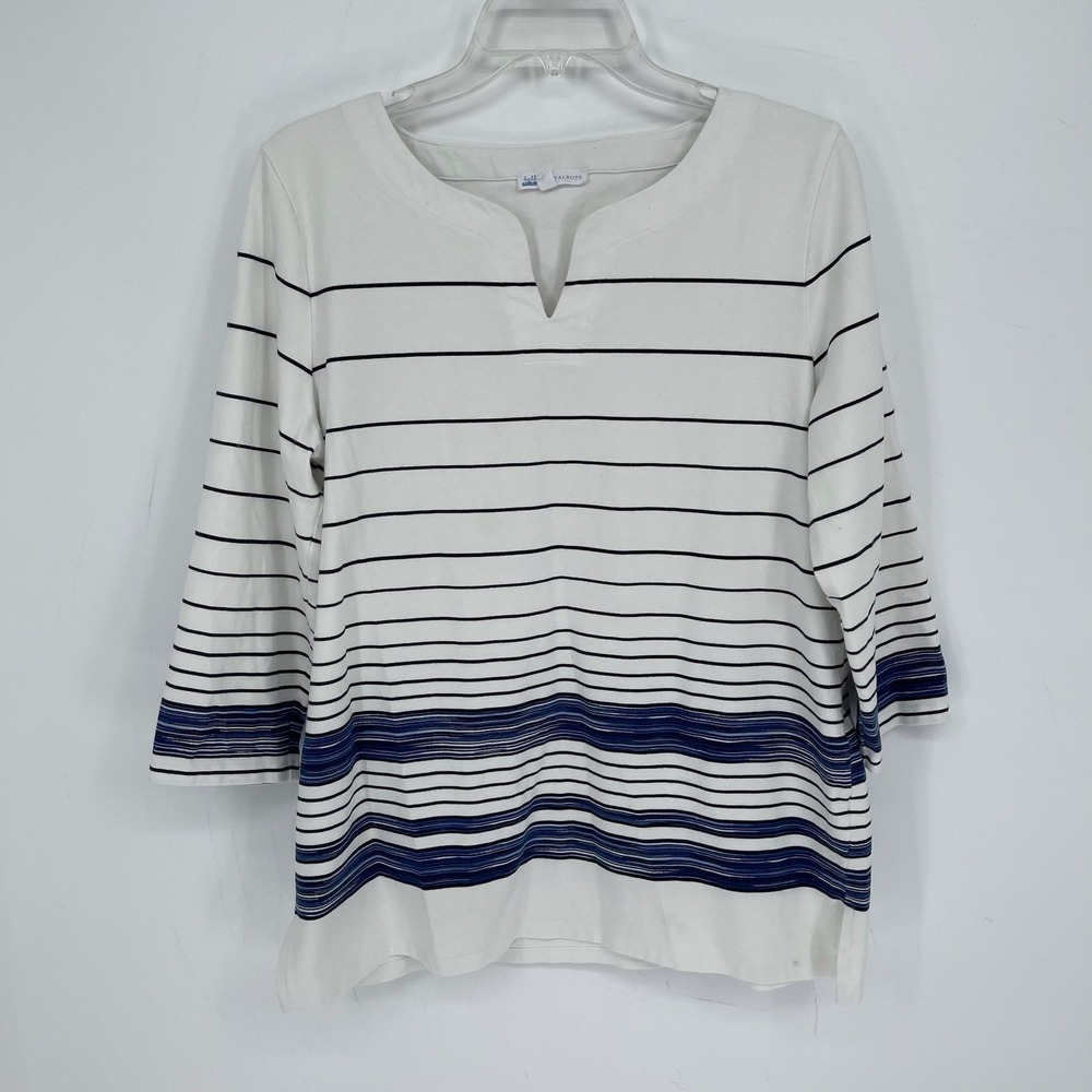 Talbots Women's White Striped Stretch 3/4 Sleeve Split Neck Tee T-Shirt Size L